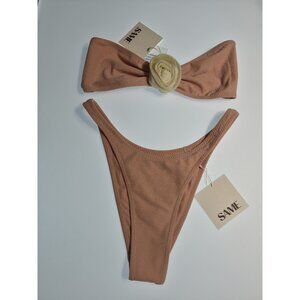 SAME Los Angeles Rosette Bandeau Bikini Set Faux Suede Pink Size Medium NWT